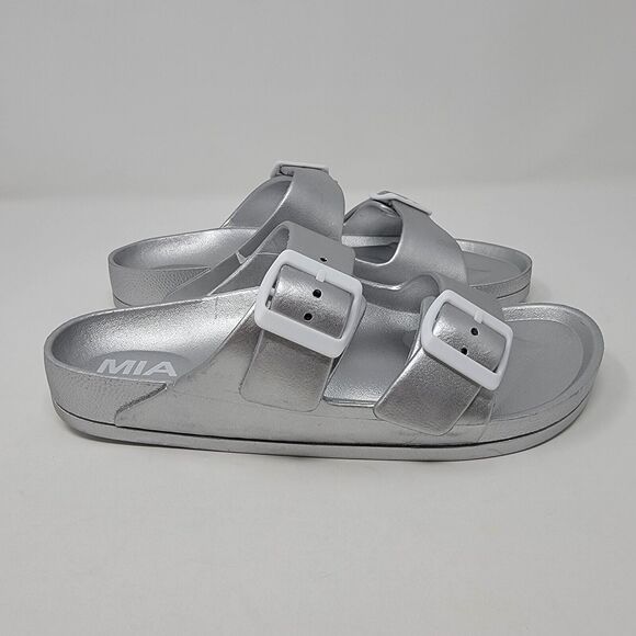 MIA Toulon Sandals Women’s 7 Slip On Two Buckle Comfort Shoe Silver - Picture 6 of 12